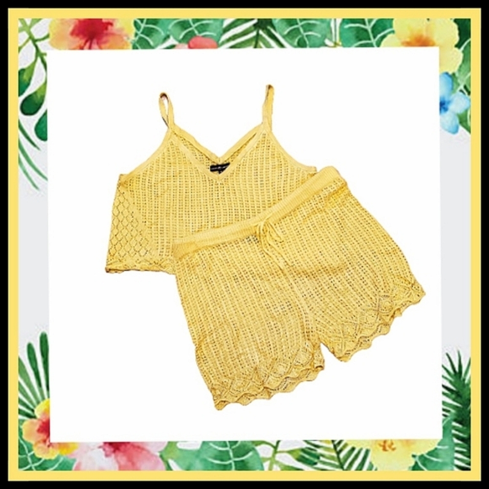 YELLOW ☆ SCALLOPED EDGE CROCHET ☆ 2-PC. SHORTS SET ☆ 2x ☆ NWT